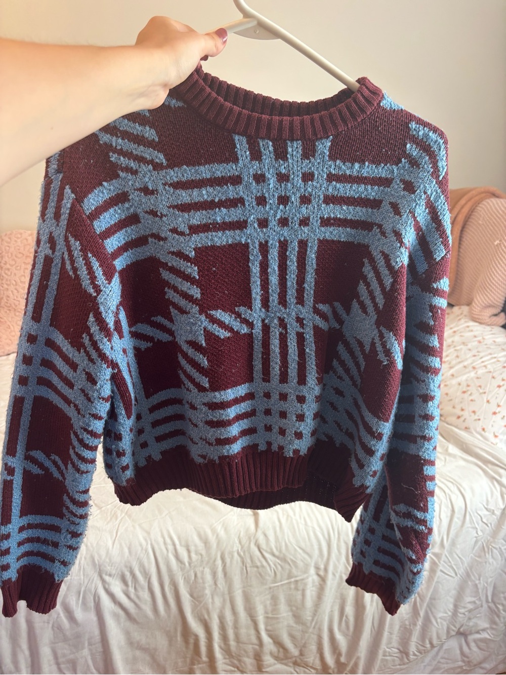 PacSun Burgundy & Light Blue Plaid Crewneck Sweater